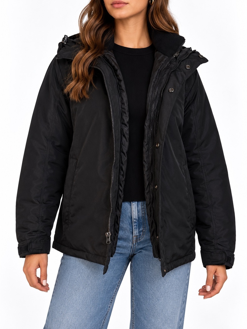 Black 2-in-1 Layered Hooded Jacket Detachable Inner Coat Size Small Merona